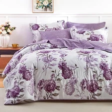 AIKASY 7-Piece Queen Size Bed in a Bag Comforter Set - Thistle Purple Floral ...