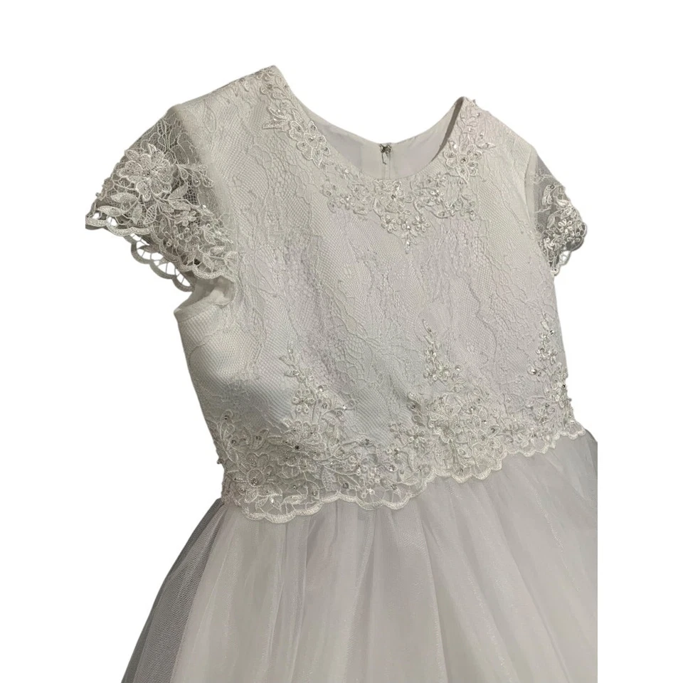 Talla 8X Alto Joan Calabrese Niñas Vestido Primera Comunión Cuentas Encaje Corpiño Foto 4 de 4
