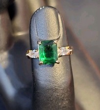 Gold Tone Princess Cut Dark Green Emerald  Two CZ Three Stone Ring 925 Sterling