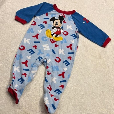 Disney Baby Mickey Mouse Embroidery Fleece Blue & Red Kids Footie Size 12-18M !