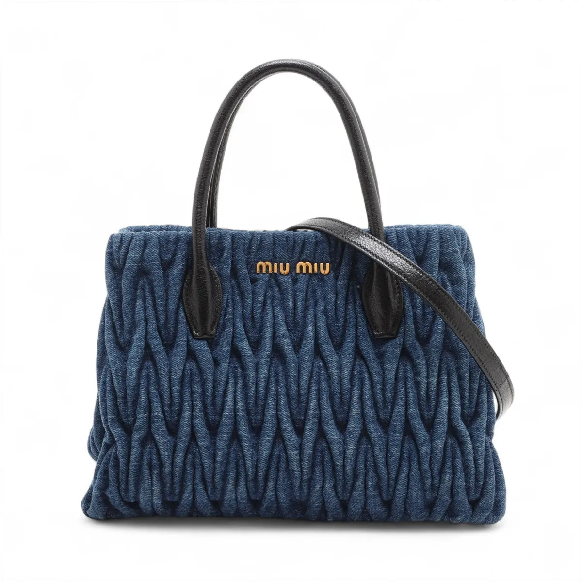 Miu Miu Matelassé denim x leather 2 Way Handbag Navy Blue 5BG069