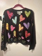 Michael Simon Lite Sweater Size L Black Hearts Cardigan Valentine's Artsy
