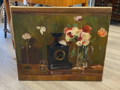 Antikes Ölgemälde Blumen Stillleben mit Uhr Leinwand unsigniert 75x63 cm