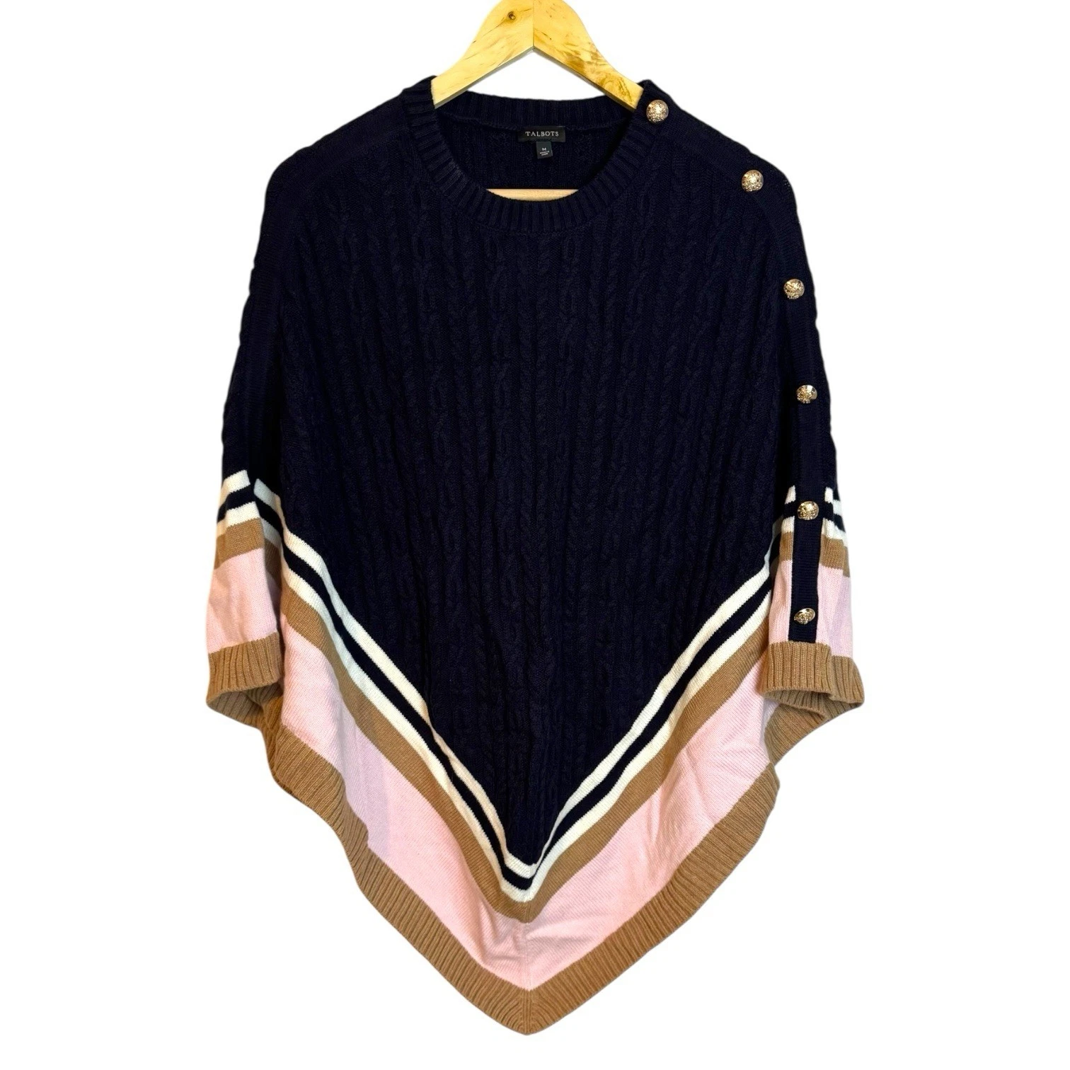 Talbots Blue Color Block Cable Knit Cashmere Blend Poncho Medium Button Detail