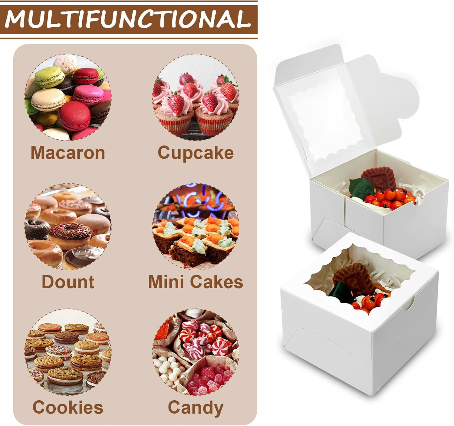 50Pcs Cookie Boxes 4X4X2.5 Inch Bakery Boxes with Window Treat Box Dessert Box f