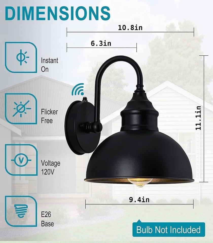 Juego de luces de granero de cuello de cisne para exteriores montaje en pared exterior sensor negro mate Cntrl Foto 2 de 4