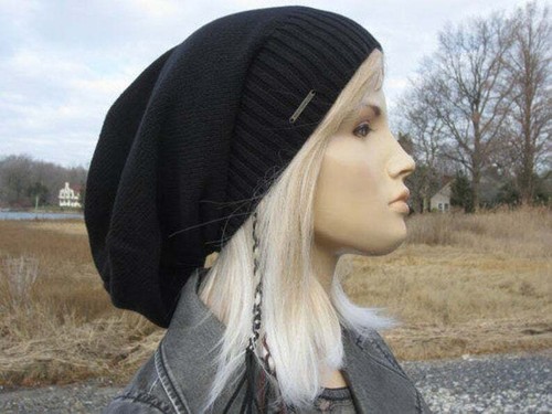 Extra Long Black Beanie Tam Cotton Knit Hat Bohemian Clothing Leather Tie Back - Picture 2 of 11