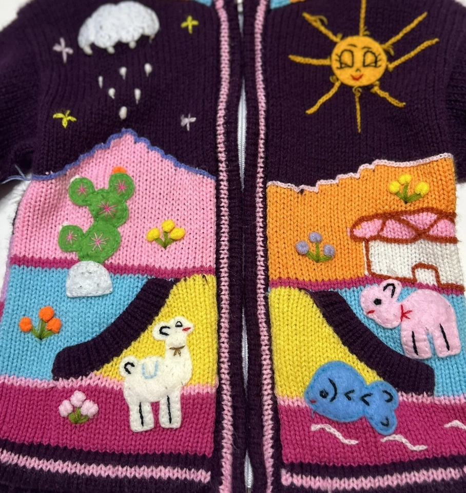Suéter Tejido Niñas Talla 4T Púrpura Rosa Sudadera con Capucha Hecho a Mano Cremallera Cordero Granja Cárdigan De Colección Foto 2 de 4