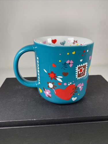 Starbucks Valentinstag 2023 Love Heart Stamps Teal Blue Keramiktasse 14oz