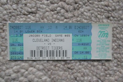 CLEVELAND INDIANS VS DETROIT TIGERS 8/27/1995 FULL TICKET ~ PAUL SORRENTO HR