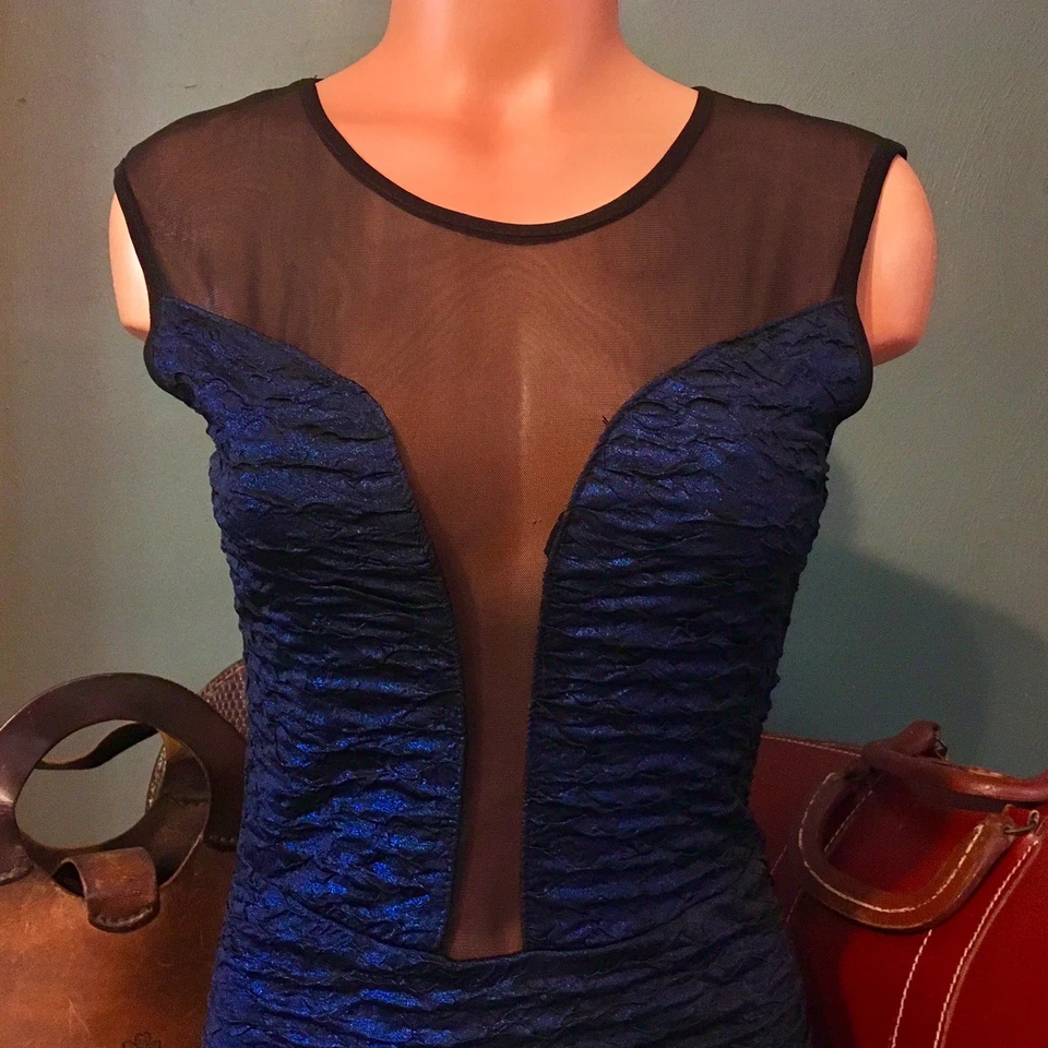 Vintage Gala Sheer Mesh Sexy Mini Bodycon Club Stretch Metallic Foil Dress S - Image 2 of 4