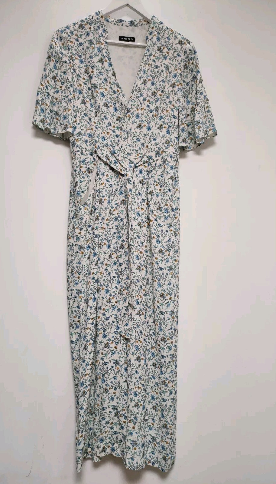 Whistles Jumpsuit UK10 White/Blue Floral Short Sleeves V-Neck Button Front-image