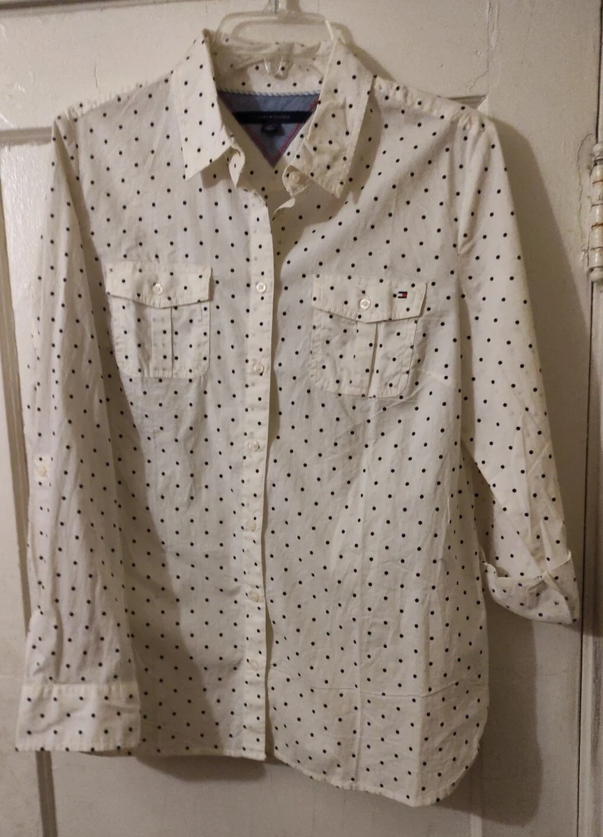 VINTAGE TOMMY HILFIGER WOMENS LONG SLEEVE BUTTON DOWN POLKA DOT LARGE SHIRT
