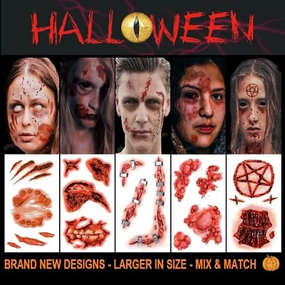PHOENIX Halloween Zombie Scars Tattoos Fake Scab Scar Wound Costume Face Make-Up Kit UK