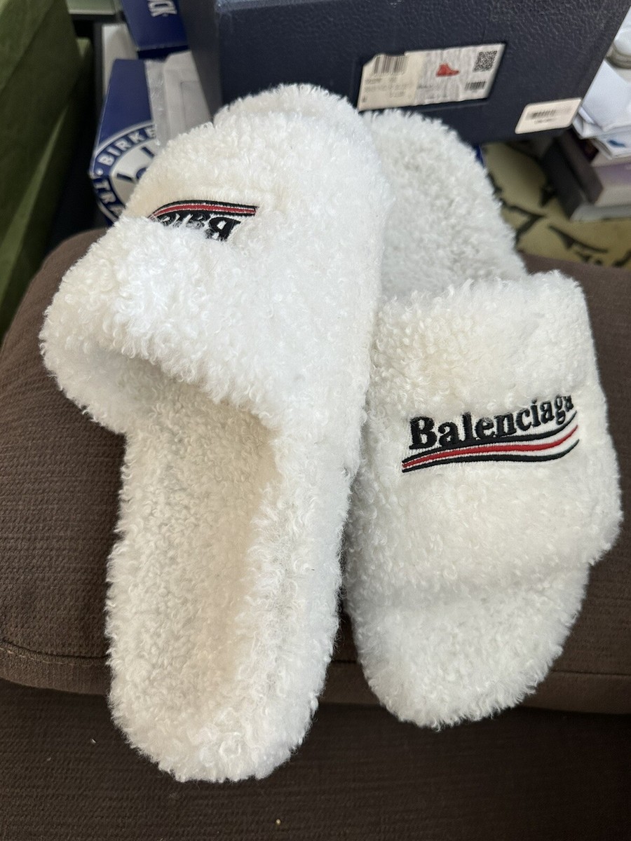 BALENCIAGA 625$ Men's White Furry Slide Sandals - Political