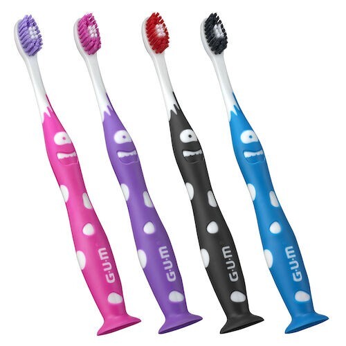 GUM Monsterz Junior Manual Toothbrush with Suction Cup, Ages 5+, Assorted 12/Pk
