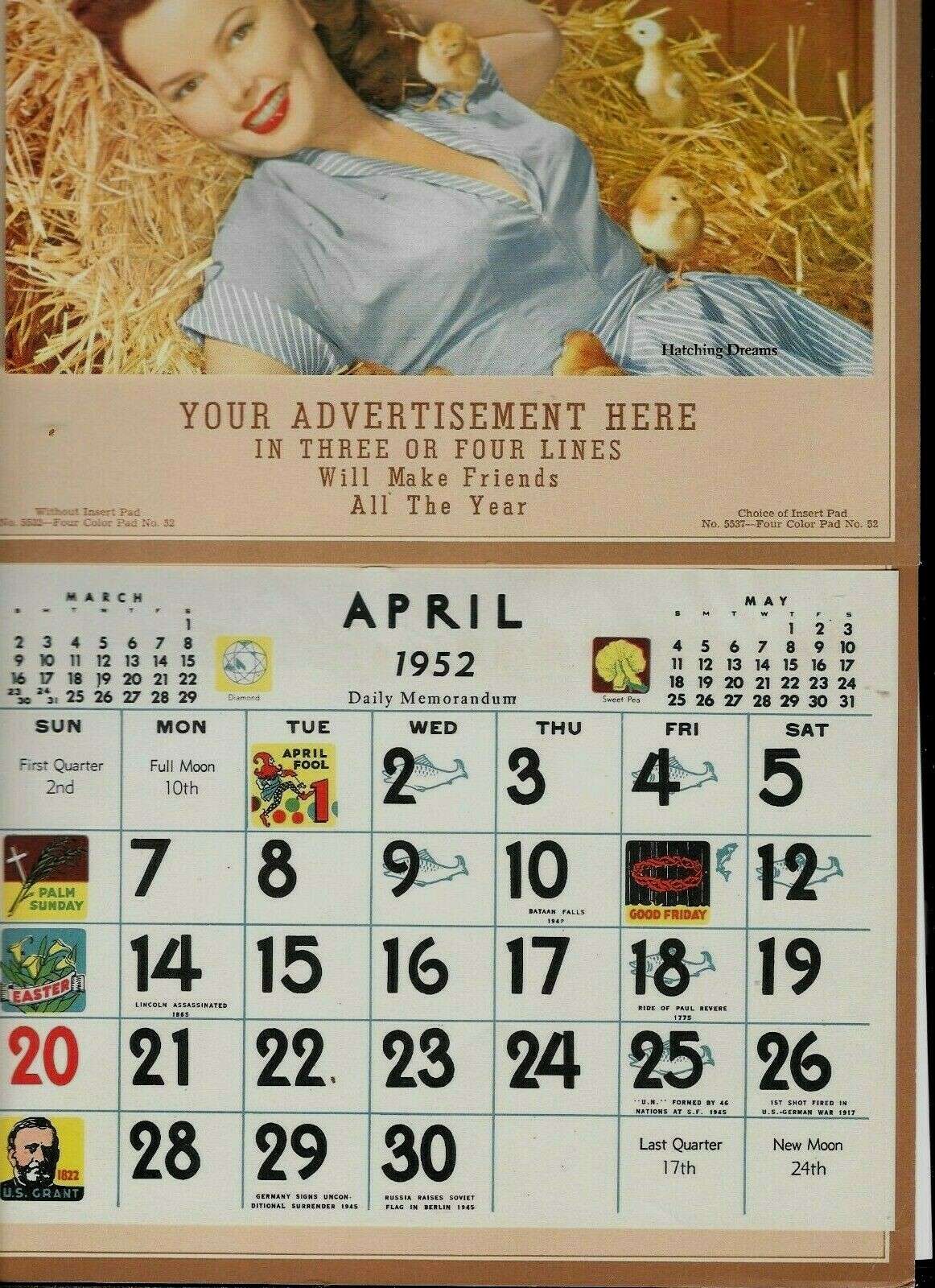 Strawpage Examples Lady Straw Chicks Hatching Dreams Sample Calendar April 1952 Only FREE ...