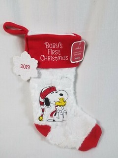 NEW NWT Hallmark 2019 SNOOPY Baby's First Christmas Stocking Soft Woodstock