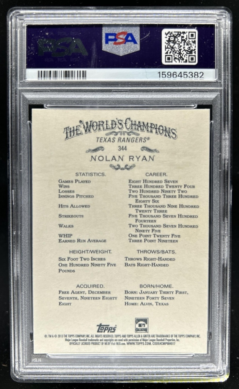 2013 Topps Allen & Ginter Nolan Ryan #344 Rangers PSA 9 view 2