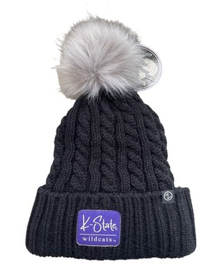 Zephyr Beanie One Size K-State Wildcats Cable Knit Black Faux Fur Pompom NEW