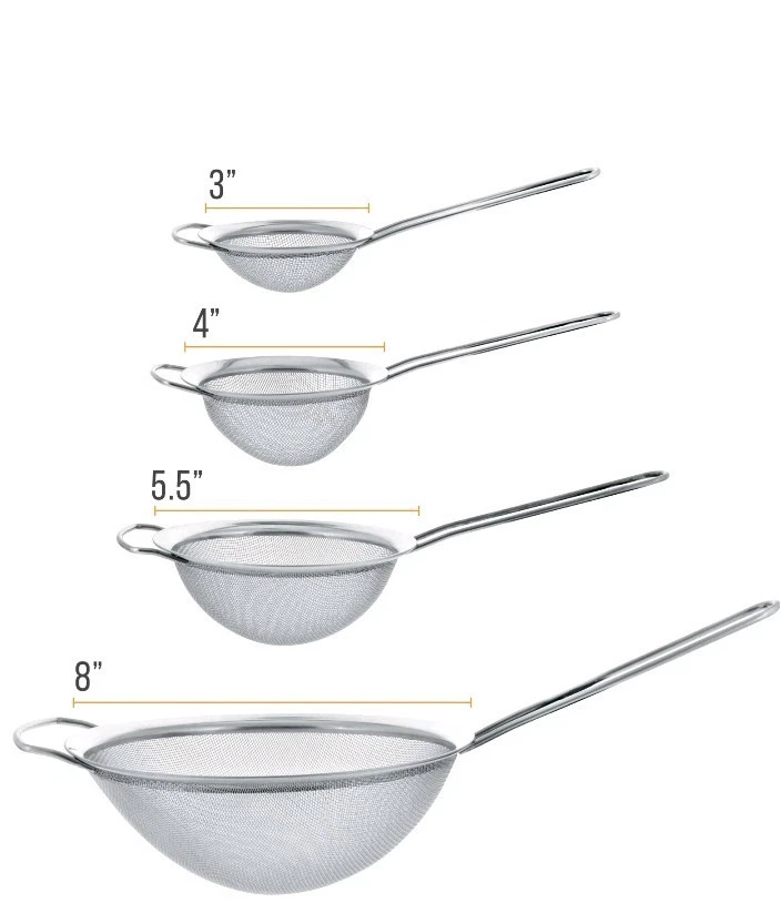 U.S. Kitchen 4 Piece Set - Stainless Steel Round Mesh Strainers With Wide Ears
