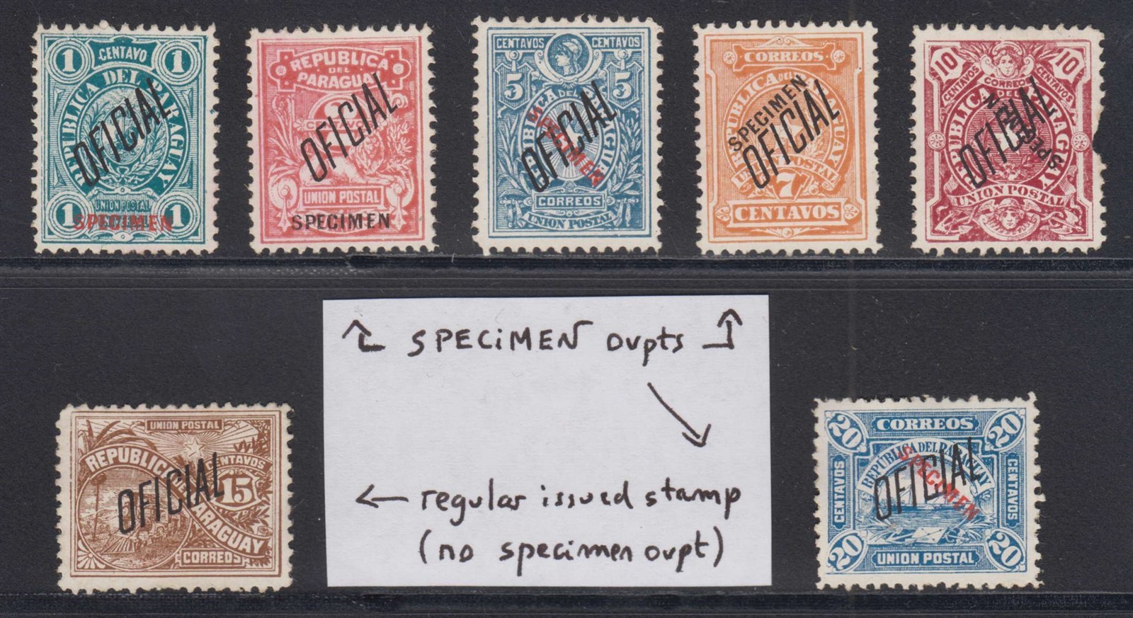 PARAGUAY 1886 OFFICIAL Sc O8-O14 FULL SET, ALL BUT Sc O13 OVPTD "SPECIMEN"