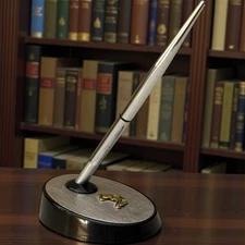 Vintage WALT DISNEY PRODUCTIONS Anson Pen & Holder Brushed Silver Gold Mickey