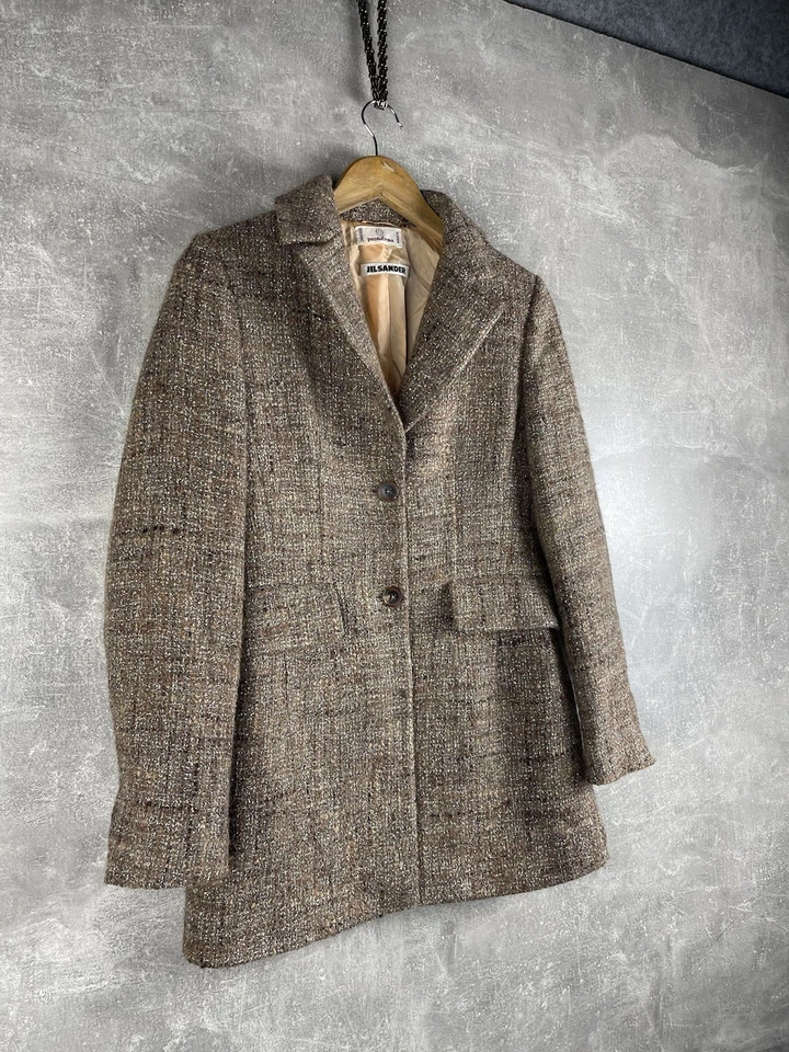 Jil Sander by Punto Firma Vintage 90s Wool Tweed Long Blazer Coat Brown Made IT - Image 3 of 4