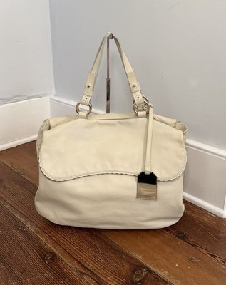 Emporio Armani Cream Leather Flap Tote Shoulder Bag Gold Hardware Hangtag Blue