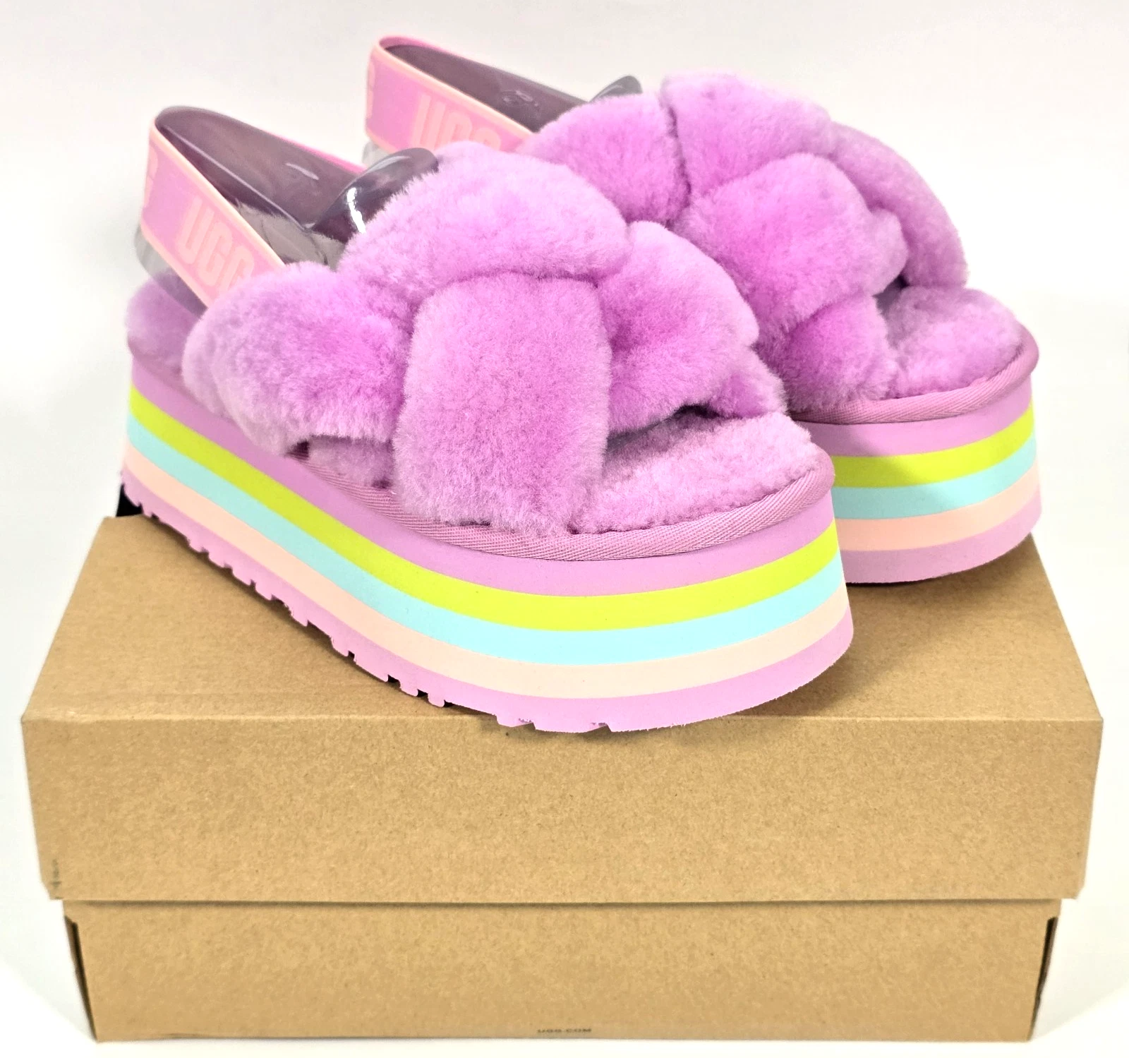 SANDALI SLIDE UGG DISCO NODO PLATFORM TAGLIA 6 PELLICCIA DI AGNELLO FIORI SELVATICI NUOVI IN SCATOLA