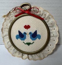 Vintage Handmade Embroidered Bluebirds Ornament Decor Art Cottagecore Grannycore