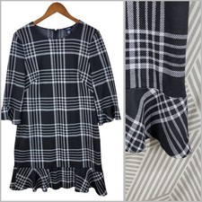 Chaps Shirt Dress Size 12 knee length Plaid Black White Ruffle Hem Women's