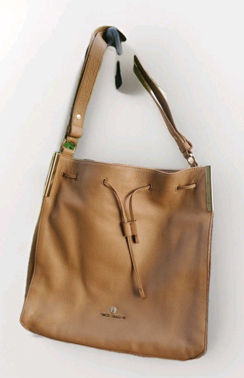 Vince Camuto Tan Pebbled Leather Drawstring Bucket Bag Large Shoulder Tote 13