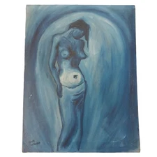 Vintage Nude Oil Painting Blue And Black Signed 