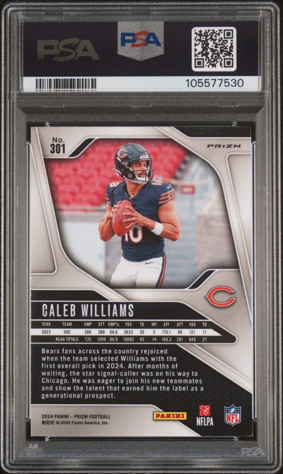 CALEB WILLIAMS RC - 2024 Panini Prizm Rookies #301 Orange Lazer PSA 9 MINT Bears view 2