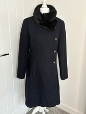 Joe Browns Navy Blue Textured Coat UK 14 Black Faux Fur Winter Military Gothic