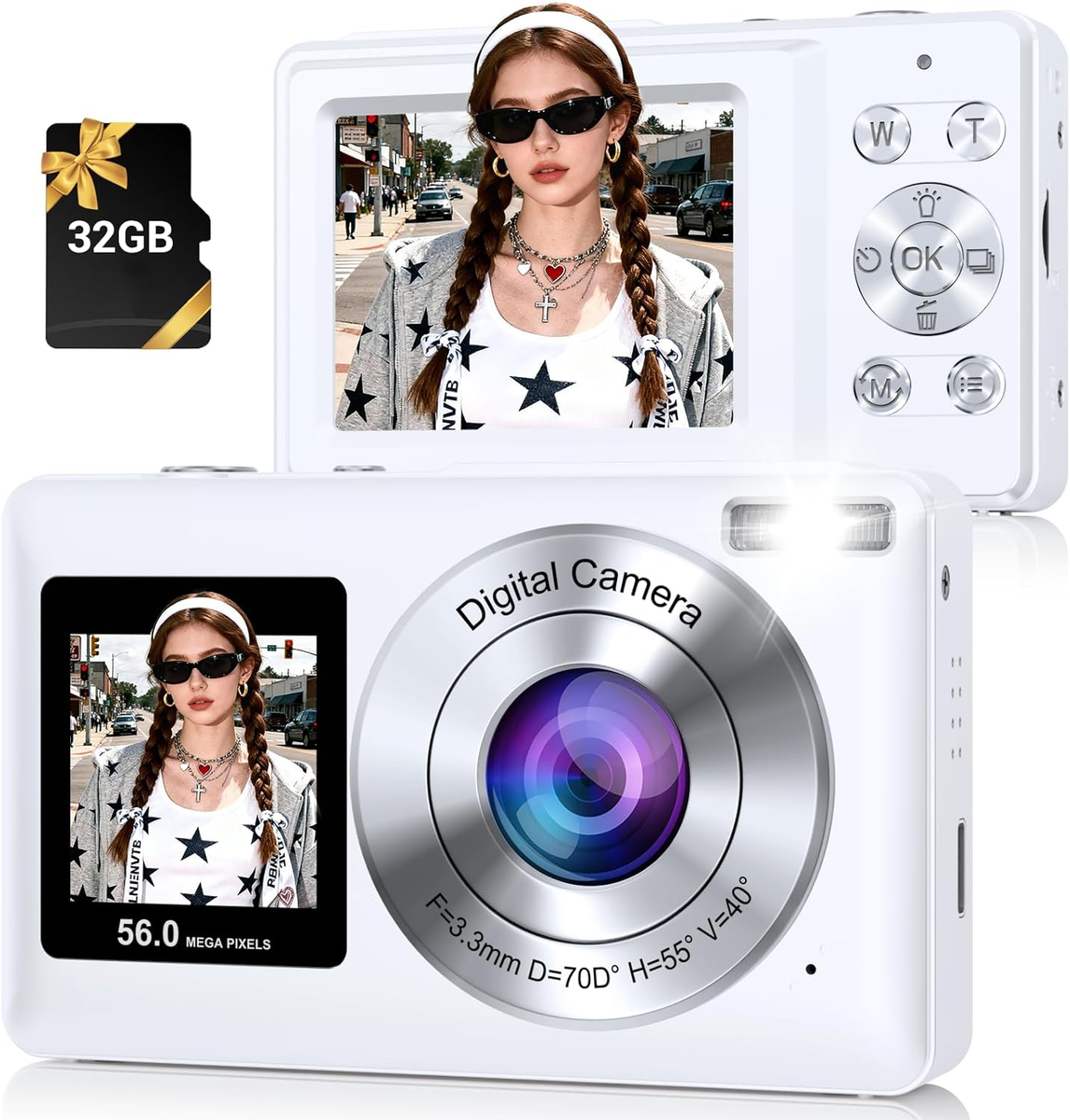 Digital Camera, 56MP 2.7K Dual-Screen Selfie Camera with 16X Zoom