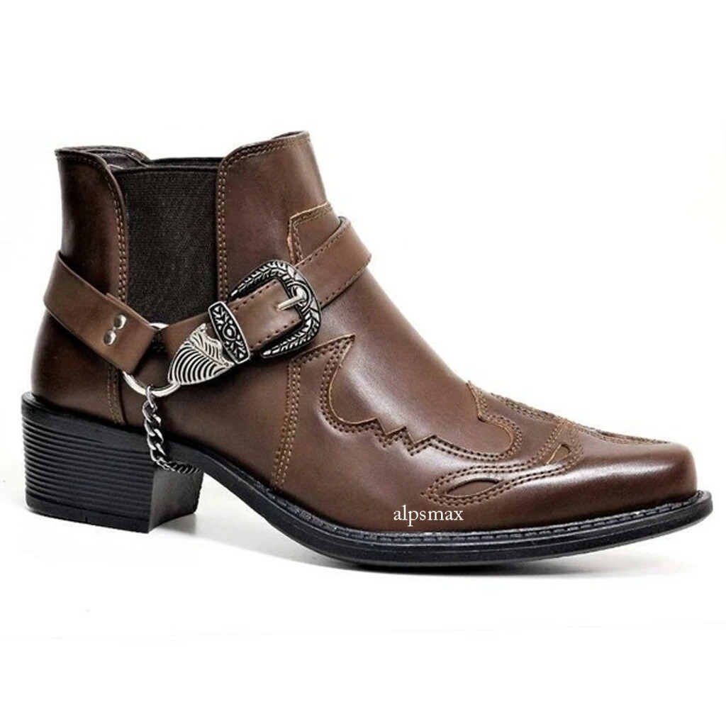 Men Pointed Toe Short Boots Buckle Strap Cuban Heels High Top Ankle Boots Shoes