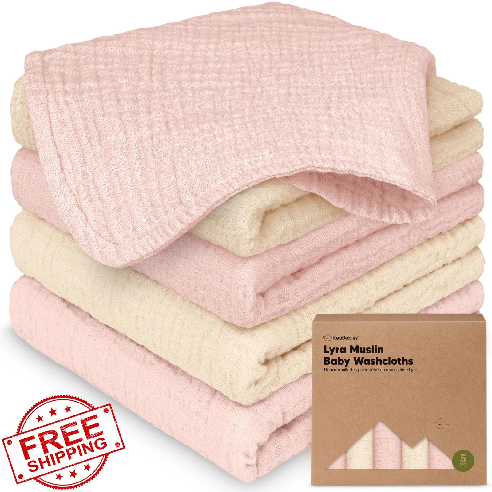 5pk Muslin Baby Washcloths 12x12 Organic Cotton Cameo
