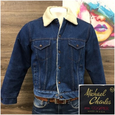 VINTAGE Cooper Mens Denim Trucker Jacket Blue Faux Shearling Lined 42