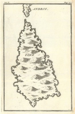 Antike Karte der Insel Tine (Tinos), Ägäis, Griechenland. Tournefort 1718