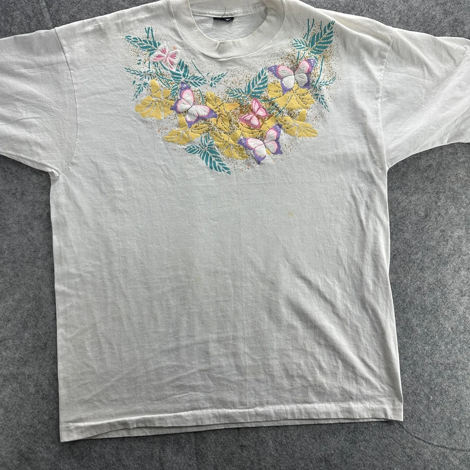 Vintage Butterfly Floral Shirt Womens XL White 90s Nature Glitter Graphic Tee - Image 3 of 4