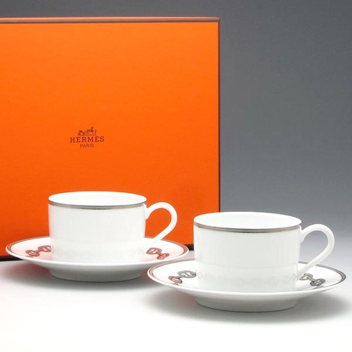 HERMES Porcelain Tea Cup Saucer Tableware Chaine d'ancre platinum Auth