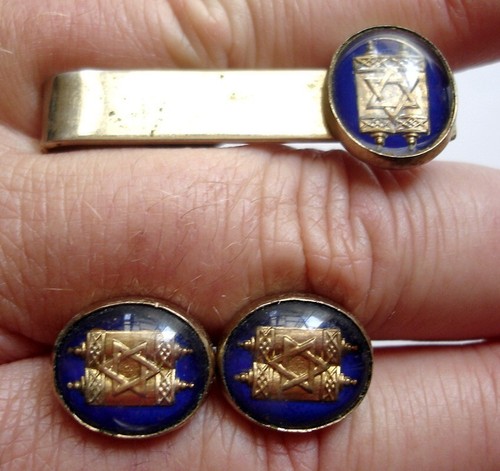 Vintage Torah Tie Bar/Clip With 2 Cufflinks, Gold-Toned Metal Jewish Jewelry Set