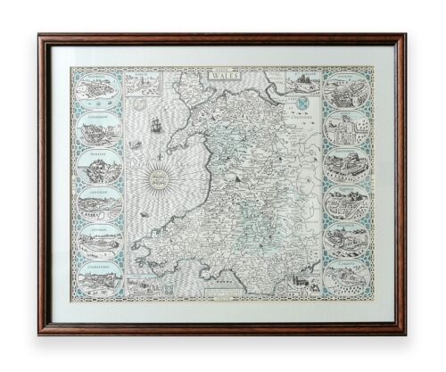 Vintage John Speed Lithograph Duotone Map Of Wales 1610 Framed - 第 1/2 張圖片