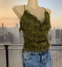 Cropped Tank Top Shein Size XL (US Size 12) Green Fuzzy Fringe Cross Back