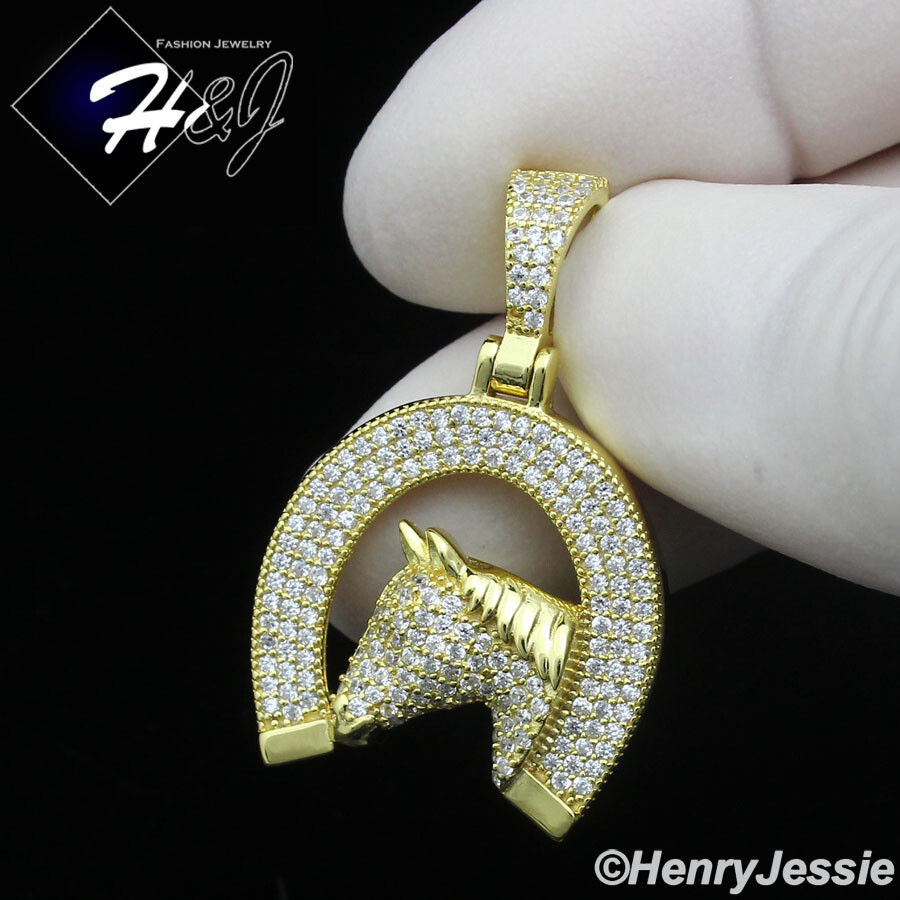 925 STERLING SILVER ICY CZ GOLD PLATED/SILVER HORSE HEAD HORSESHOE