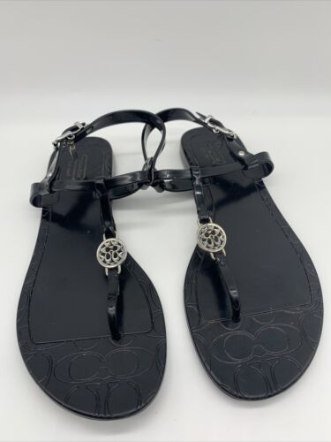 Coach Pansy Black T-strap Sandal With Silver Logo Mini Hangtag Size Women’s 8B - Picture 1 of 6