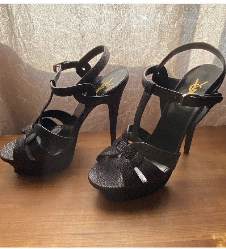 Brand NEW Saint Laurent Tribute 105MM Sandal Graine In Dark Grey 39