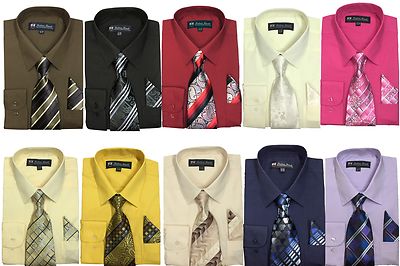 New Men's Basic Dress Shirt + Tie + Handkerchief Set Spread Collar  SG21B